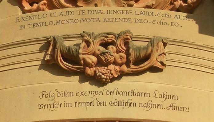 Detail of the entrance to Schöntal's monastery church with a Knittel verse