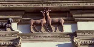 Detail view of a group of animals on the north tower of Schöntal Monastery church