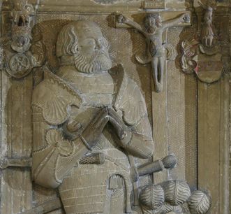 Effigy of the grave of Sir Götz von Berlichingen in the cloister of Schöntal Monastery